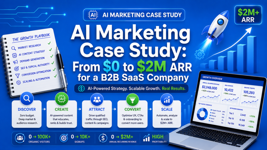 Hero banner for an AI Marketing Case Study showing growth from $0 to $2M ARR for a B2B SaaS company, with rocket and chart graphics.