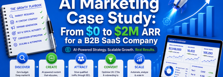 Hero banner for an AI Marketing Case Study showing growth from $0 to $2M ARR for a B2B SaaS company, with rocket and chart graphics.