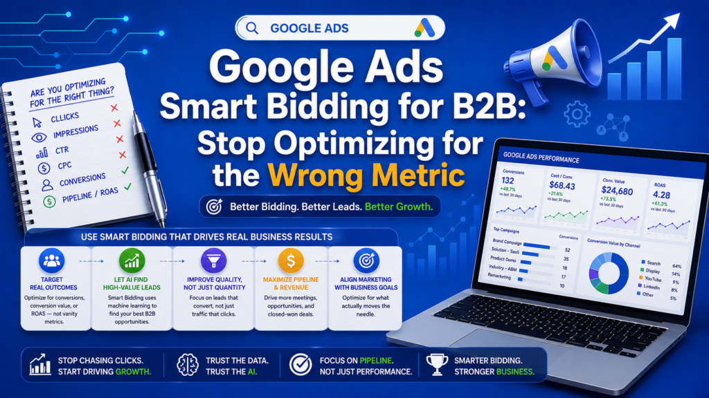 Promotional banner for Google Ads Smart Bidding for B2B, featuring a laptop dashboard, megaphone, notebook, and blue data graphics.
