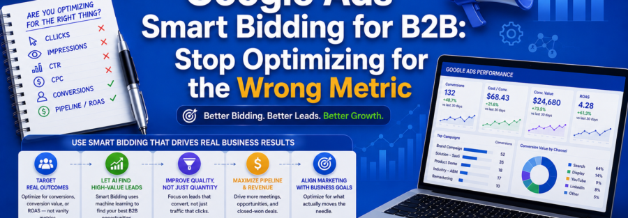Promotional banner for Google Ads Smart Bidding for B2B, featuring a laptop dashboard, megaphone, notebook, and blue data graphics.