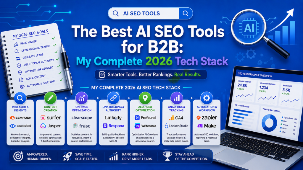 Bright blue infographic banner detailing 'The Best AI SEO Tools for B2B: My Complete 2026 Tech Stack' with tool icons and a laptop showing analytics.