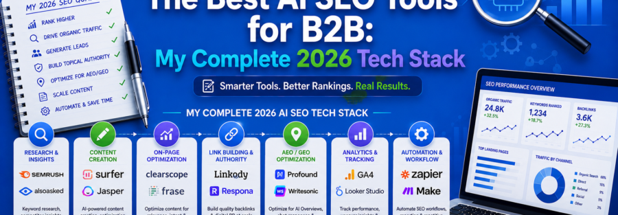 Bright blue infographic banner detailing 'The Best AI SEO Tools for B2B: My Complete 2026 Tech Stack' with tool icons and a laptop showing analytics.