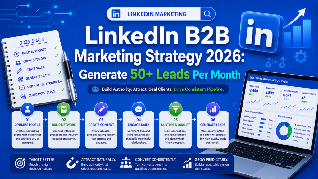 Infographic announcing LinkedIn B2B marketing strategy 2026 to generate 50+ leads per month on a blue dashboard background.
