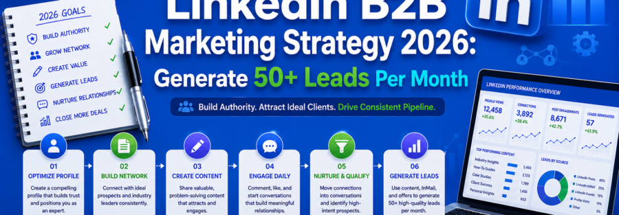 Infographic announcing LinkedIn B2B marketing strategy 2026 to generate 50+ leads per month on a blue dashboard background.