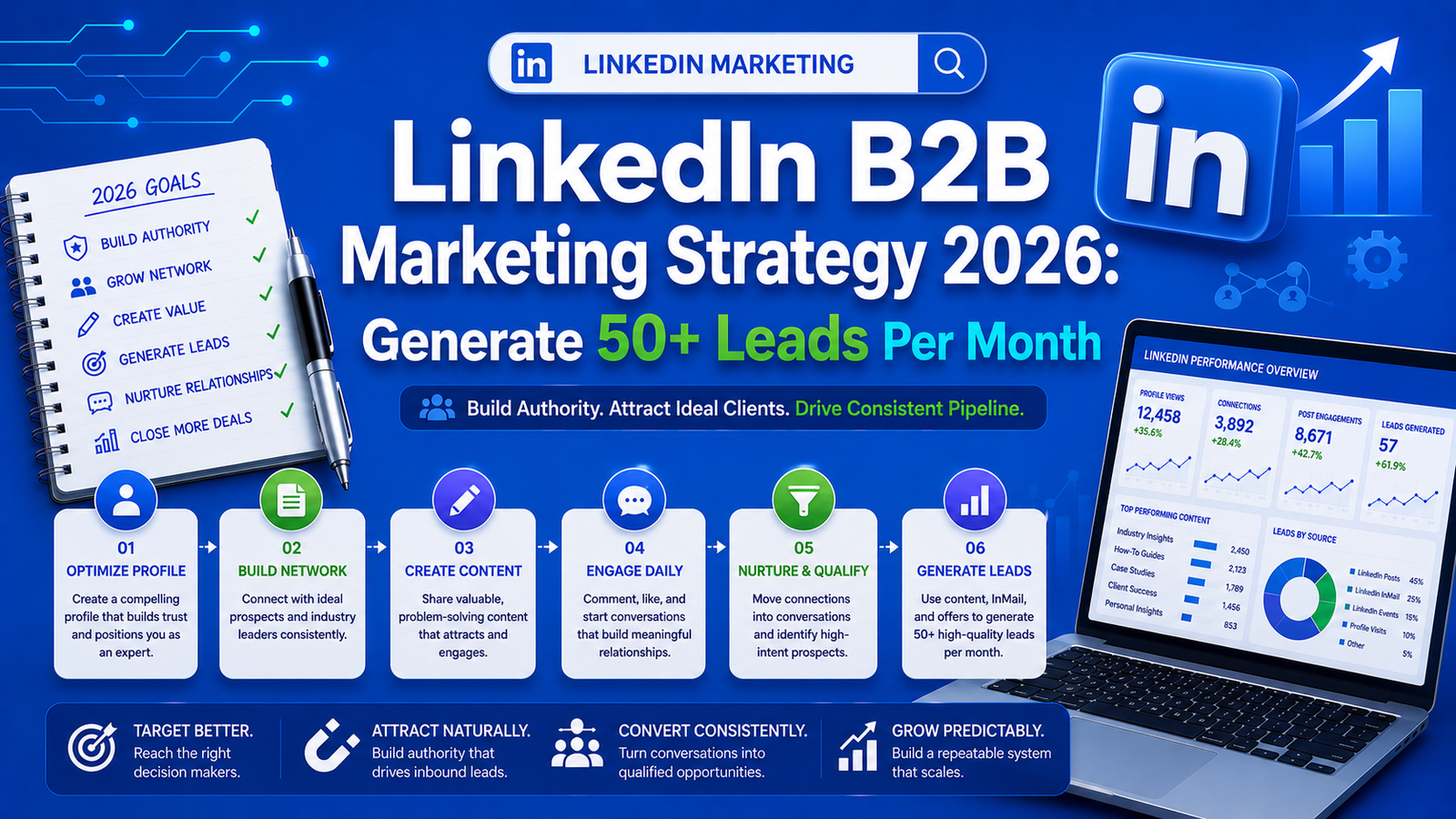 Infographic announcing LinkedIn B2B marketing strategy 2026 to generate 50+ leads per month on a blue dashboard background.