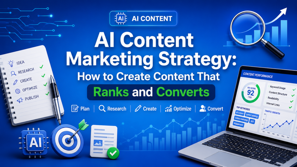 Blue AI content marketing banner: 'AI Content Marketing Strategy' with a notebook of plan steps, a pen, and a laptop displaying analytics and charts.