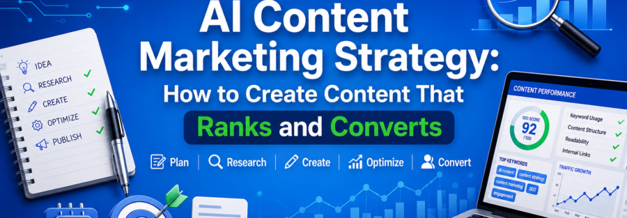 Blue AI content marketing banner: 'AI Content Marketing Strategy' with a notebook of plan steps, a pen, and a laptop displaying analytics and charts.