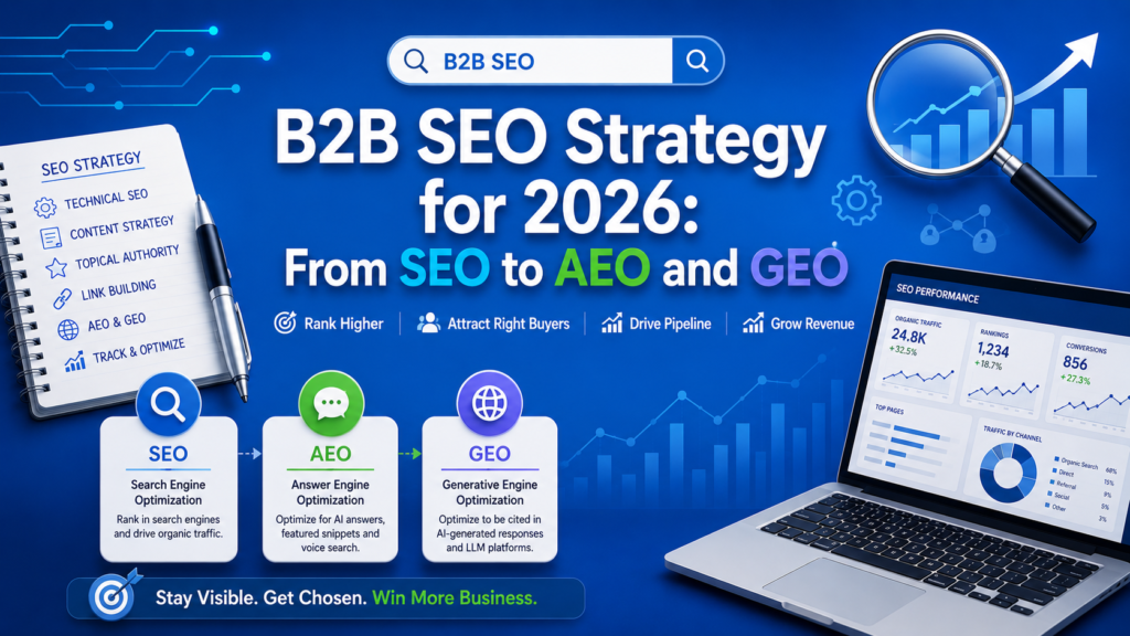Graphic about a B2B SEO strategy for 2026, highlighting SEO to AEO and GEO with charts and a laptop analytics panel in blue.