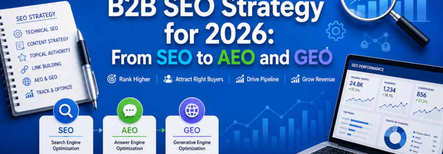 Graphic about a B2B SEO strategy for 2026, highlighting SEO to AEO and GEO with charts and a laptop analytics panel in blue.