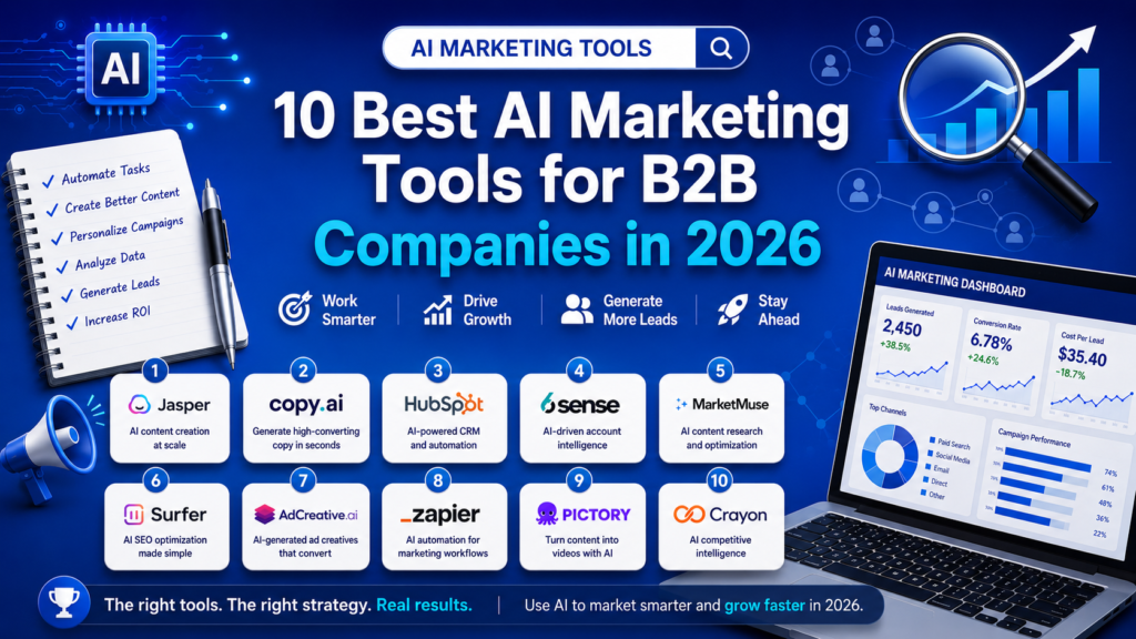 Infographic banner announcing '10 Best AI Marketing Tools for B2B Companies in 2026' with tool icons, a notebook checklist, and a laptop dashboard on a blue background.