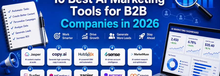 Infographic banner announcing '10 Best AI Marketing Tools for B2B Companies in 2026' with tool icons, a notebook checklist, and a laptop dashboard on a blue background.