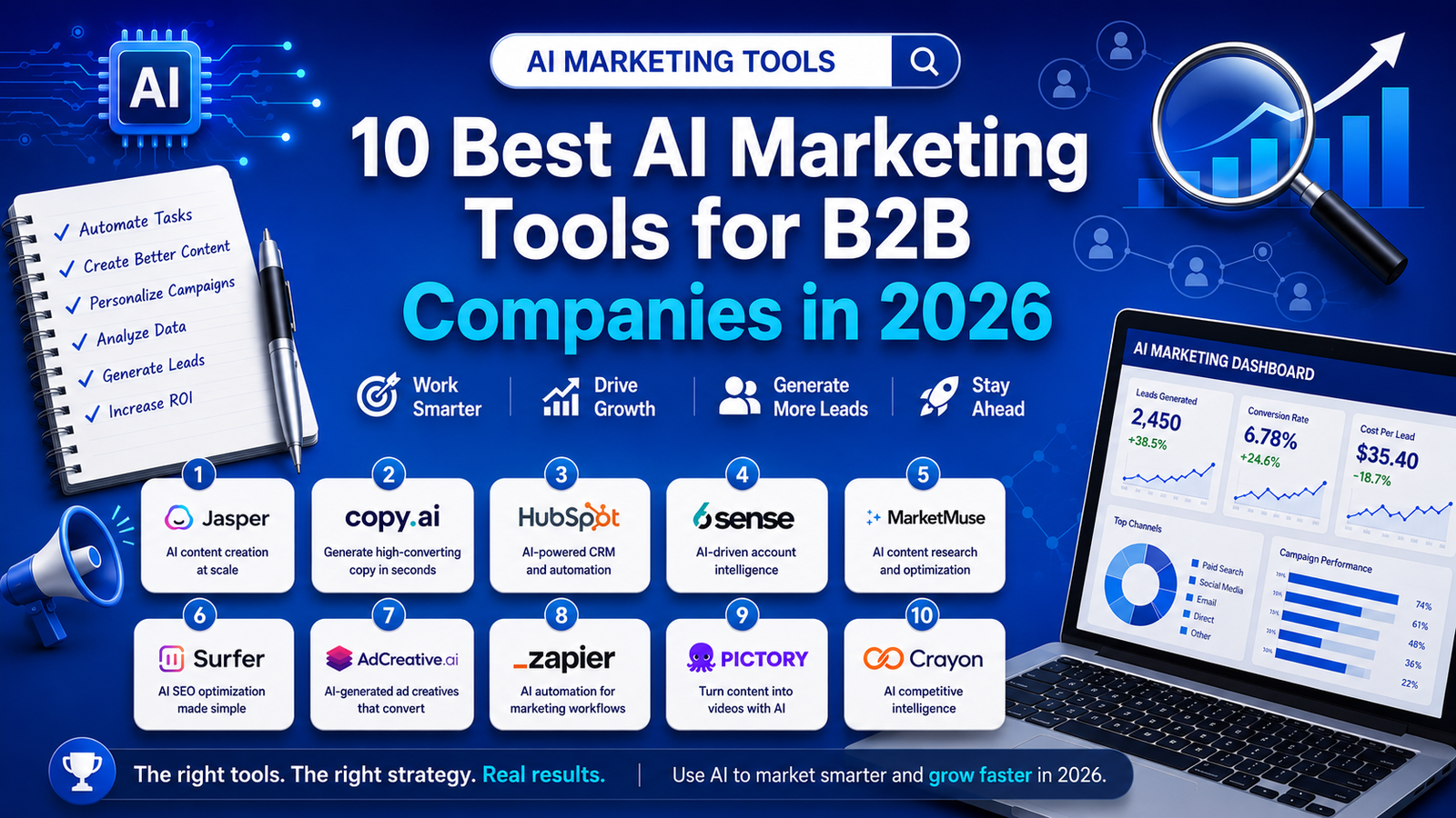 Infographic banner announcing '10 Best AI Marketing Tools for B2B Companies in 2026' with tool icons, a notebook checklist, and a laptop dashboard on a blue background.