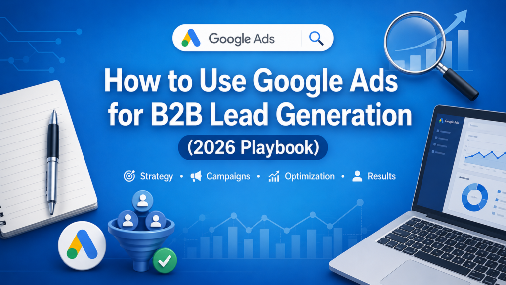 Blue Google Ads banner titled 'How to Use Google Ads for B2B Lead Generation (2026 Playbook)' with a laptop showing charts and a notebook on the left and a magnifying glass on the right.