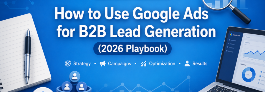 Blue Google Ads banner titled 'How to Use Google Ads for B2B Lead Generation (2026 Playbook)' with a laptop showing charts and a notebook on the left and a magnifying glass on the right.