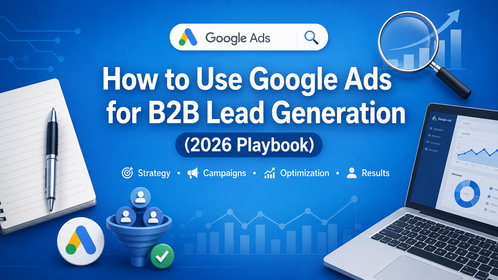 Blue Google Ads banner titled 'How to Use Google Ads for B2B Lead Generation (2026 Playbook)' with a laptop showing charts and a notebook on the left and a magnifying glass on the right.